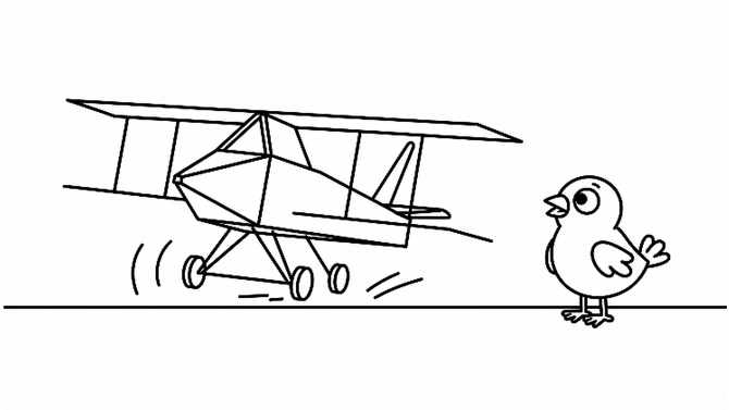 A line drawing of an early aeroplane beside a bird