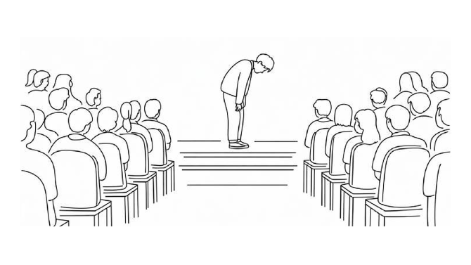 A pupil standing at the front of a school assembly while the audience watches