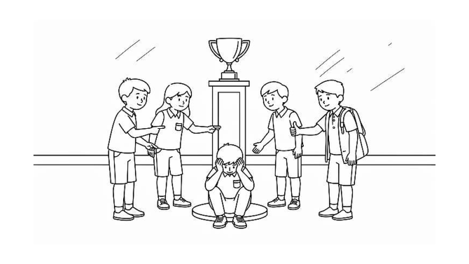 Children gathered around a trophy while one pupil reflects on not winning