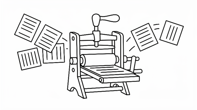A line drawing of a printing press surrounded by sheets of paper