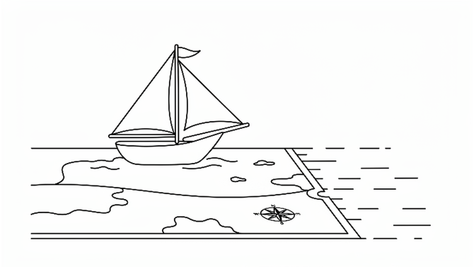 A line drawing of a sailing ship approaching an unknown shore
