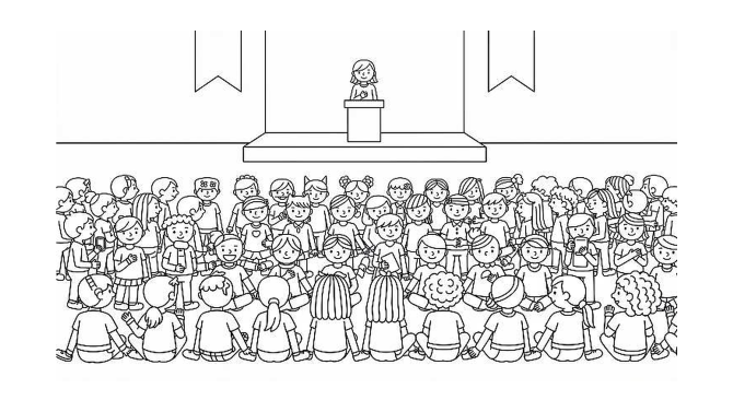 A school audience waiting quietly in rows