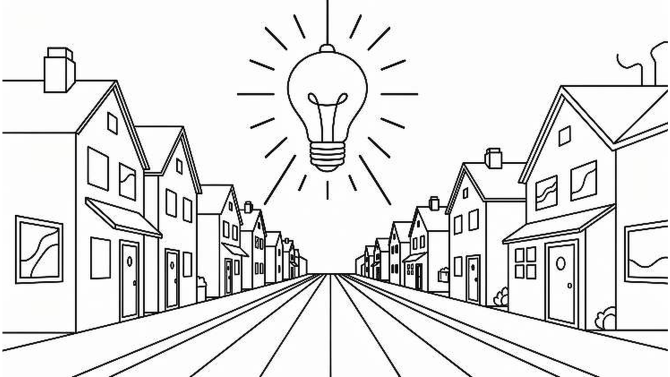 A line drawing of a town street illuminated by a glowing light bulb