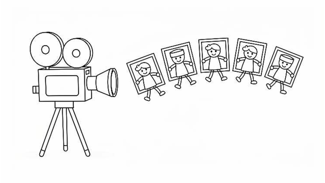 A line drawing of an early film camera and a sequence of moving pictures