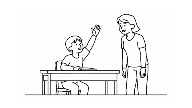 A pupil raising a hand to ask a teacher for help