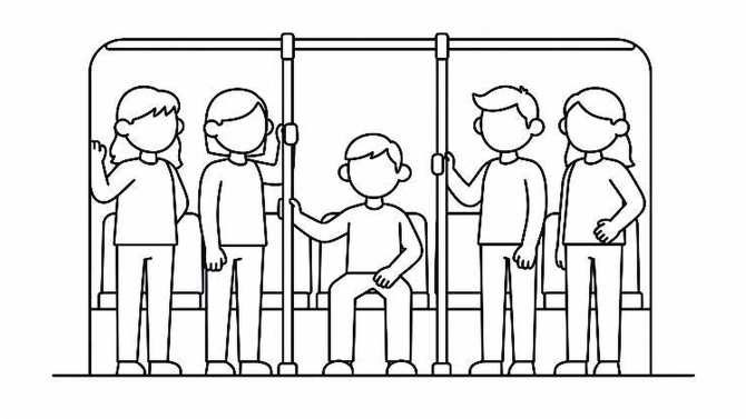 A line drawing of a seated bus passenger while other passengers stand nearby