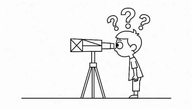 A line drawing of a child looking through a telescope with question marks overhead