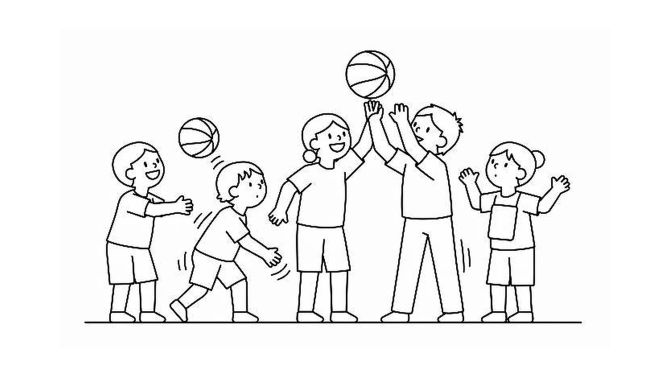 Children playing basketball and trying different skills