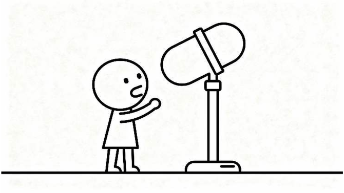 A line drawing of a young person speaking into a large microphone