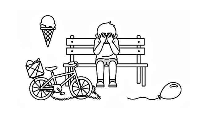 A disappointed child sitting alone beside reminders of a cancelled treat