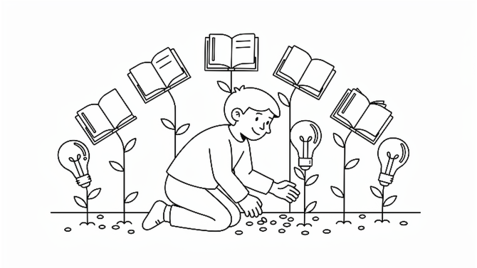 A line drawing of a child planting ideas as books and light bulbs rise around them