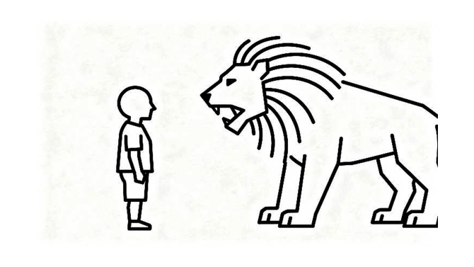 A small child standing calmly in front of a much larger lion