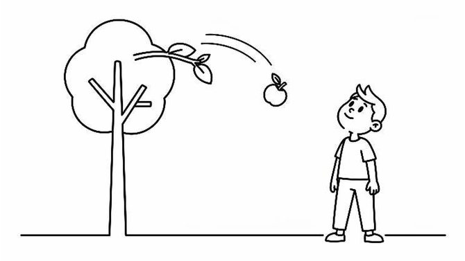 A line drawing of an apple falling from a tree while a pupil watches