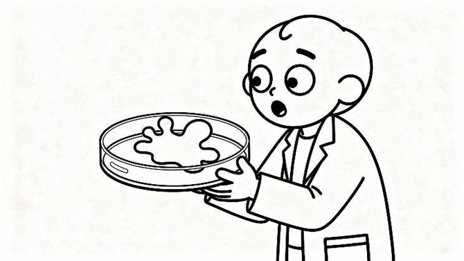 A line drawing of a scientist examining mould in a petri dish