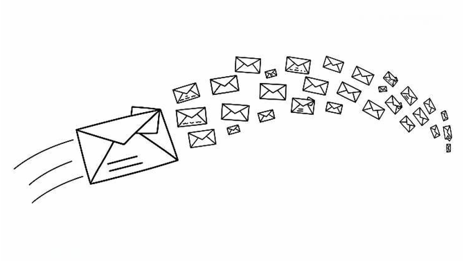 A line drawing of letters and envelopes travelling into the distance