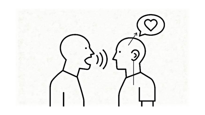 Two people communicating, with a heart showing thoughtful listening