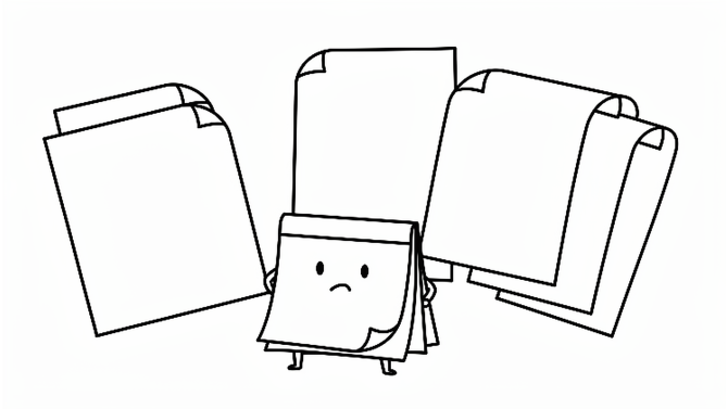 A line drawing of a smiling sticky note among loose sheets of paper