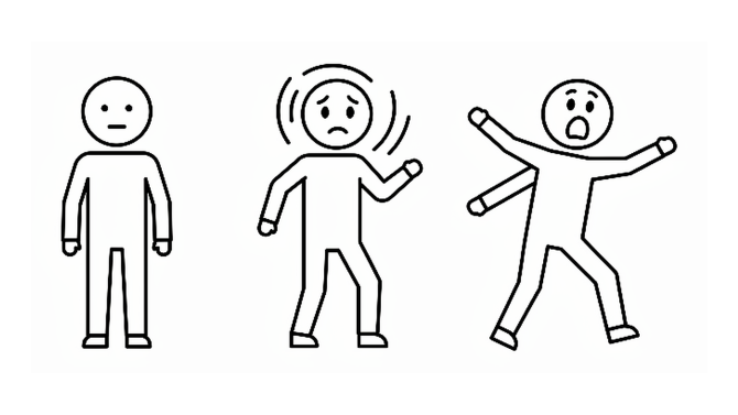 A person shown moving from calm through stress to an uncontrolled reaction