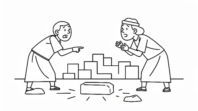 A line drawing of two ancient builders arguing over a city wall