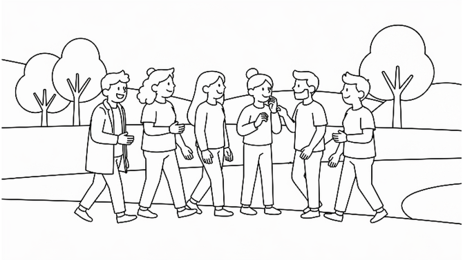 A line drawing of students walking and discussing ideas together