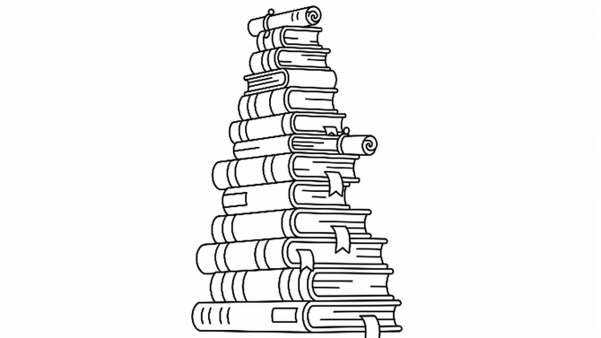 A line drawing of a tall stack of books and scrolls