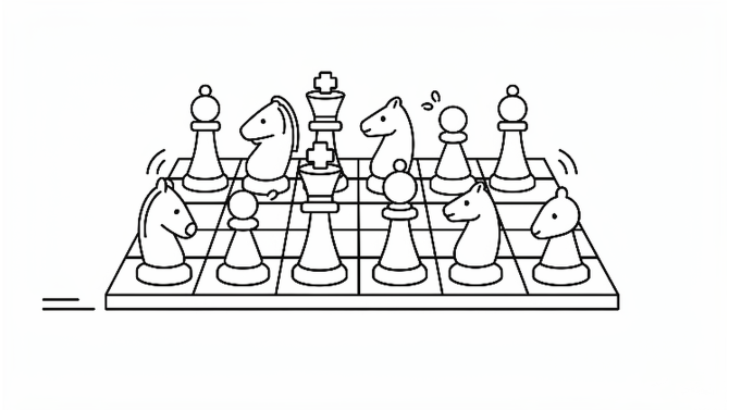 A line drawing of chess pieces moving across a chessboard