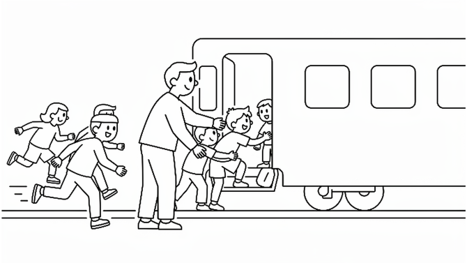 A line drawing of an adult helping children board a train