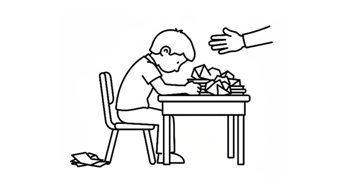 A discouraged pupil at a desk with a supportive hand reaching out