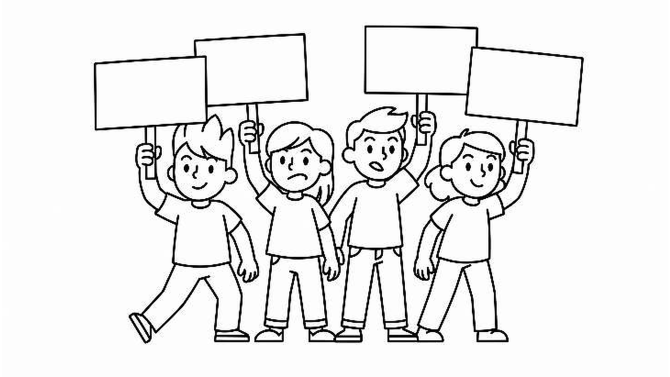 A line drawing of a group of women holding protest placards