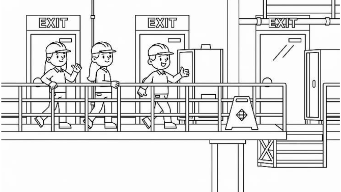 A line drawing of workers in a factory with marked exits and safety features