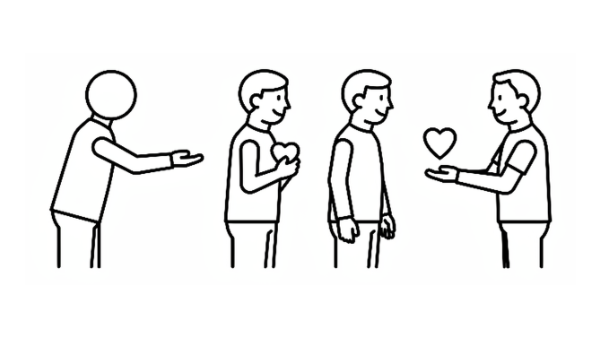 A sequence showing one person patiently helping another