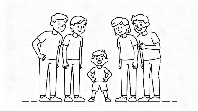 A line drawing of a child standing confidently with supportive adults