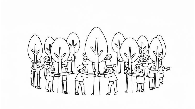 A line drawing of a community standing together to protect trees