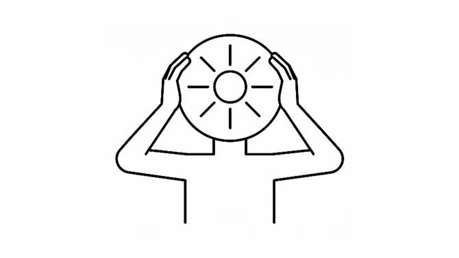 A person holding a circular symbol while trying to stay focused under pressure