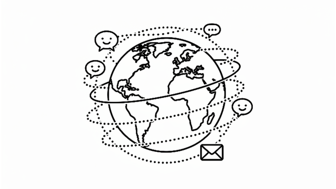 A line drawing of a globe connected by messages and communication lines