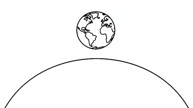 A line drawing of Earth rising above the curved horizon of the Moon