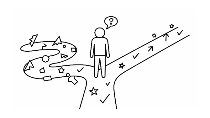 A person choosing between an easy route and a more difficult right path