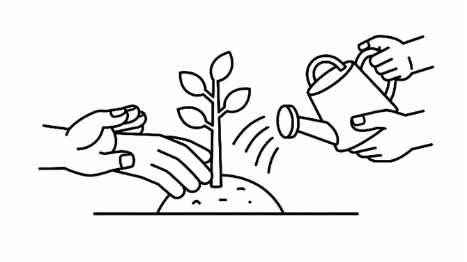 A line drawing of hands watering and caring for a young plant