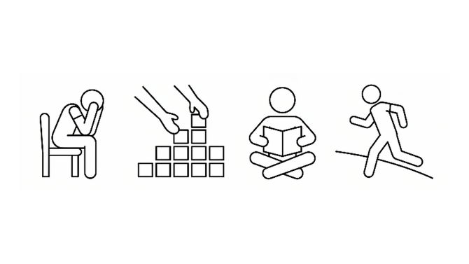 A sequence showing stress, many tasks, calm breathing and one step at a time