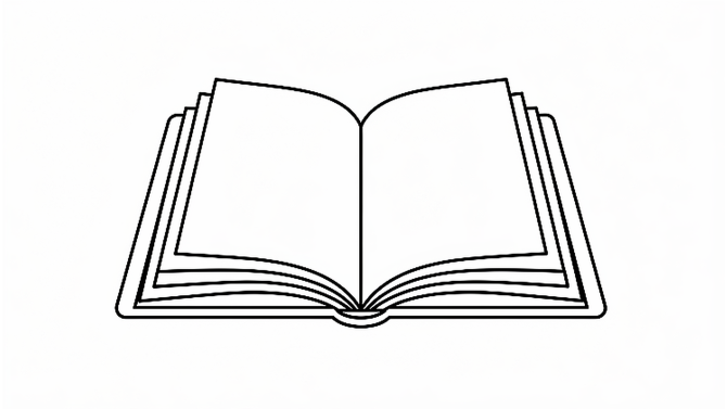A line drawing of an open blank book ready for a new story